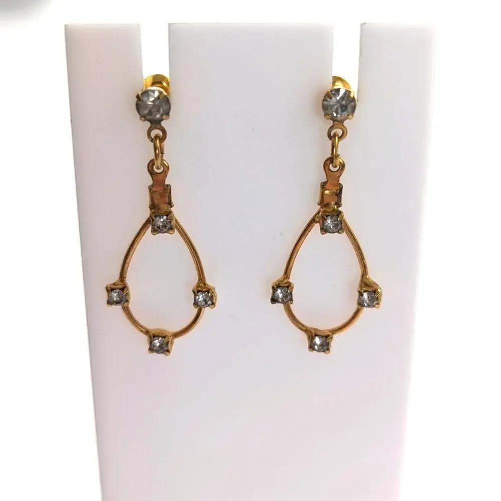 Vintage Prong Set Rhinestone Gold Tone Modernist Dangle Drop Post Earrings
